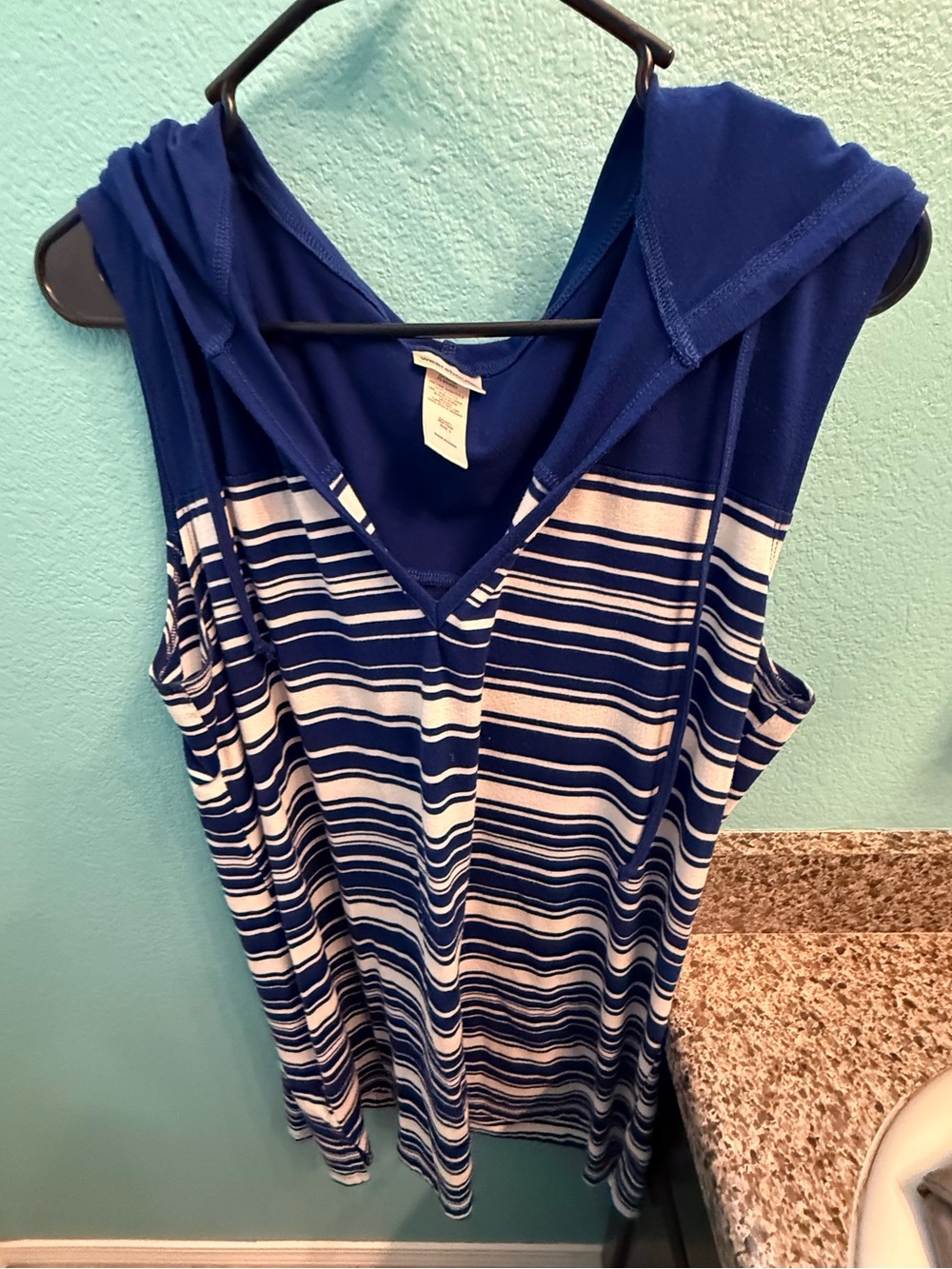 Sleeveless Hooded Stripe Summer Cover Up- Blue & White